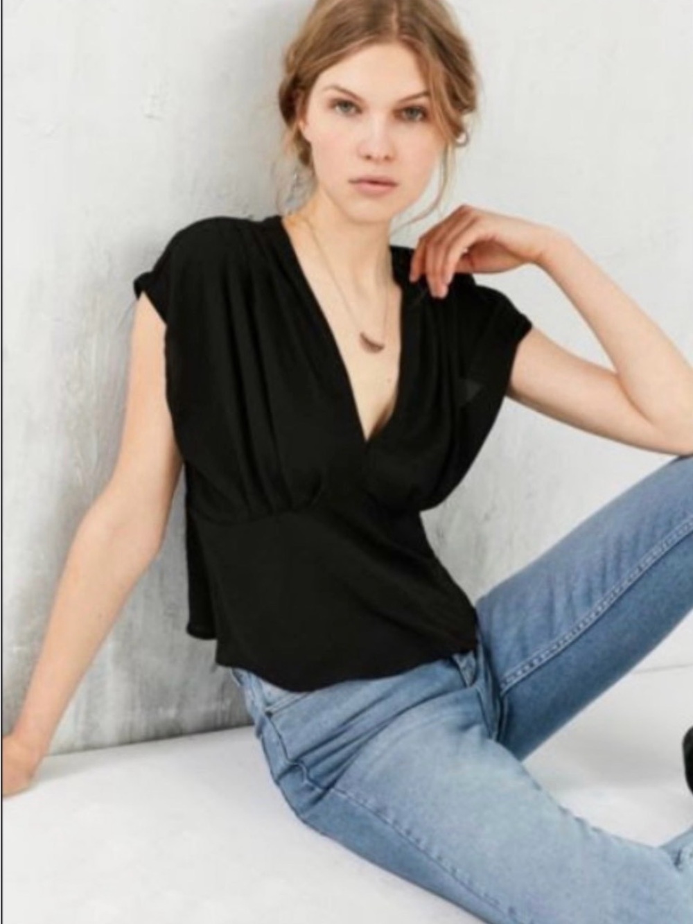 Kimchi Blue Black Draped V-Neck Cap Sleeve Top